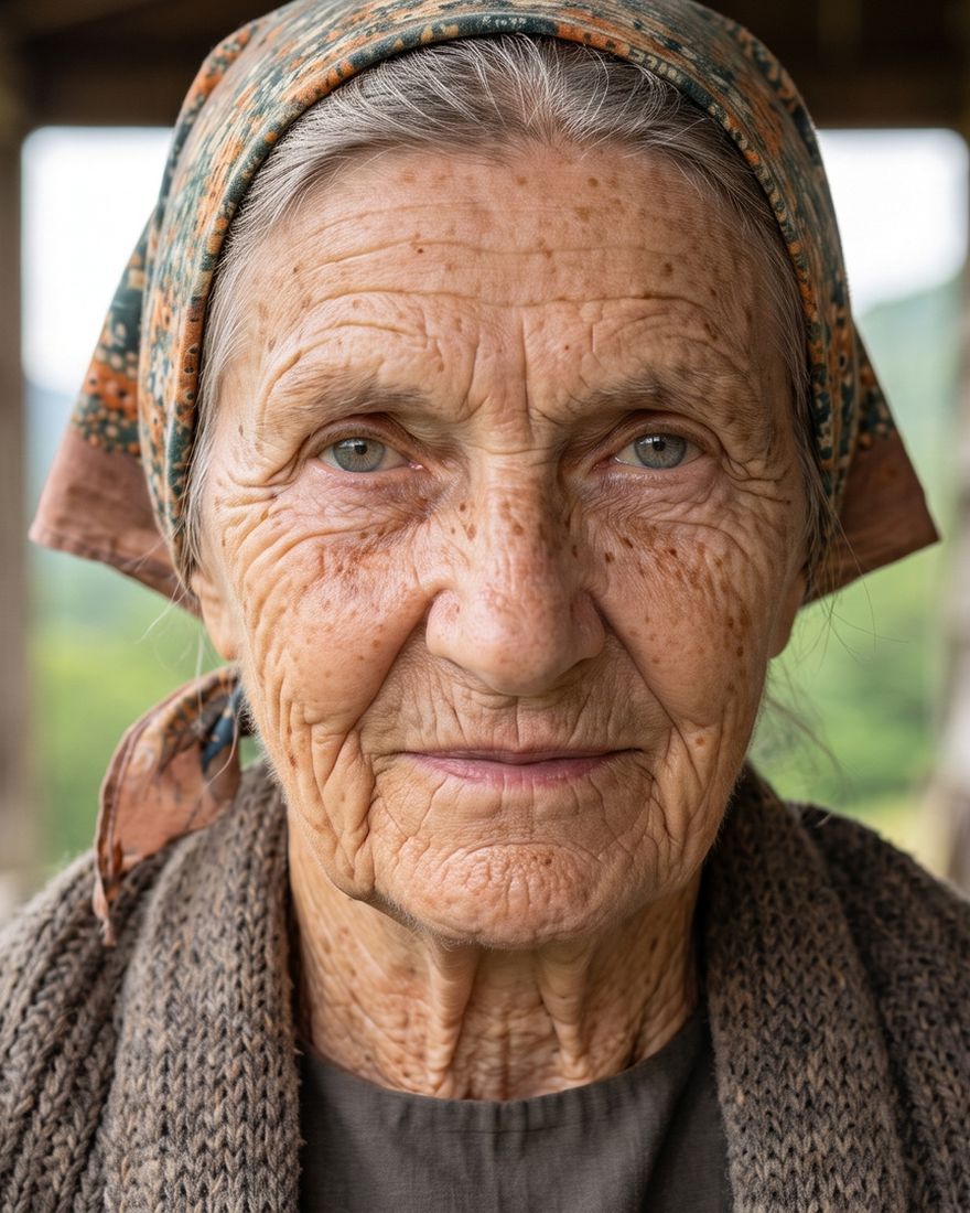 Granny Opal on her porch with the mountains behind her